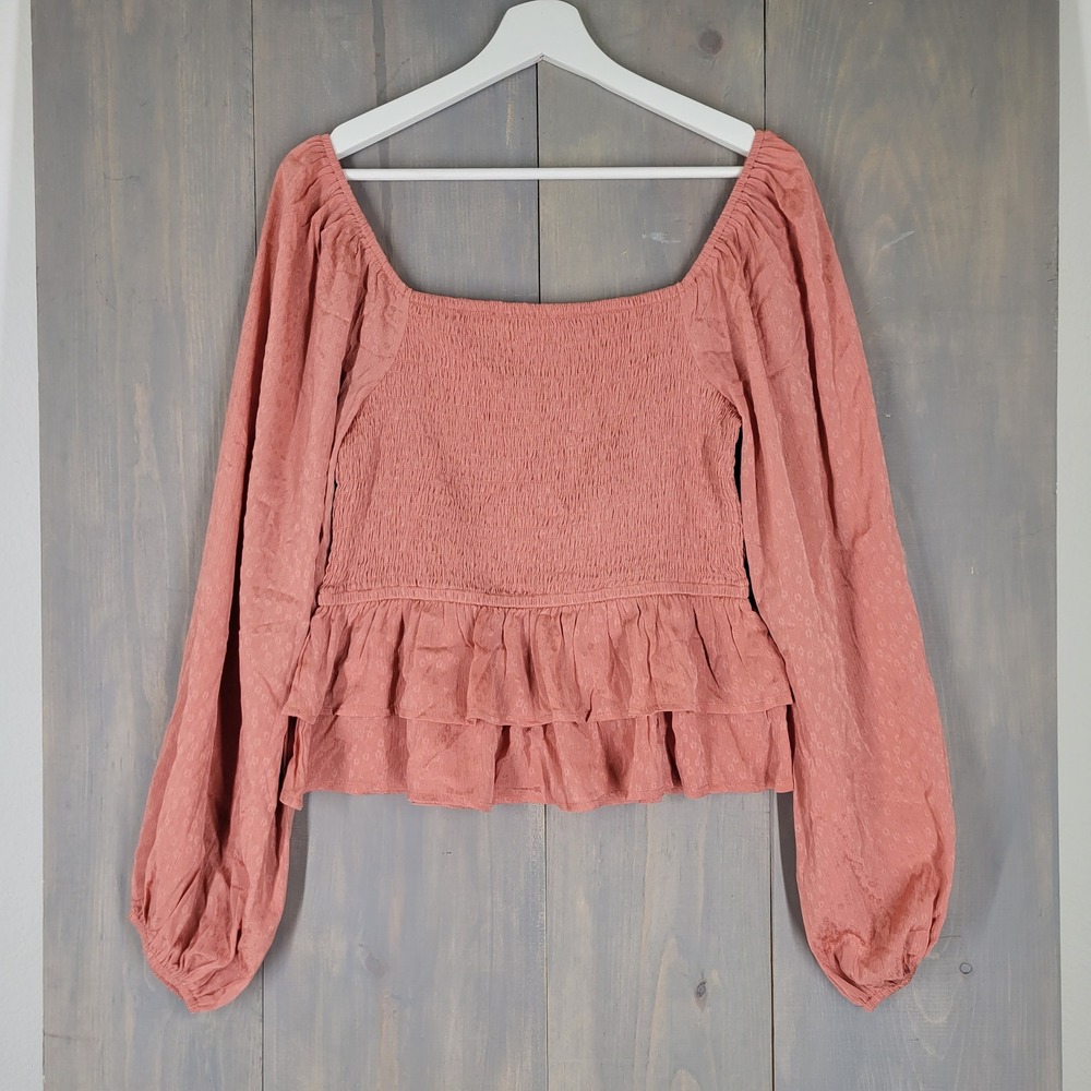 Altar'd State Smocked Peplum Top Womens Medium Pink Peach Long Sleeve Textured